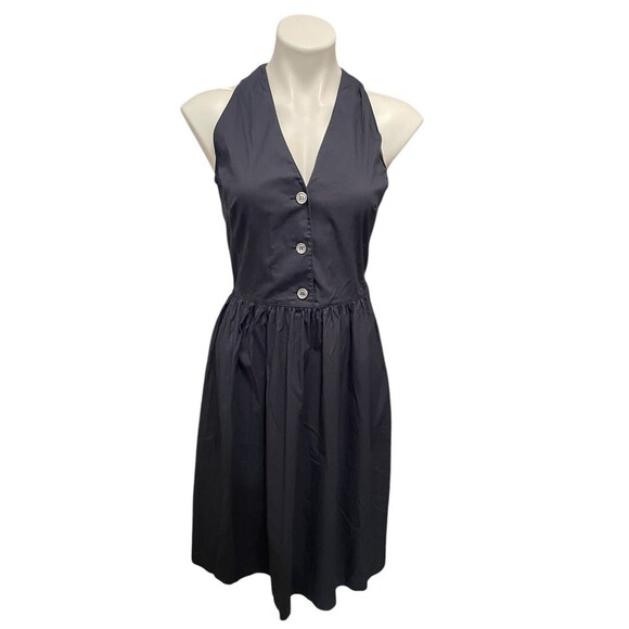 Prada Navy Cotton Blend Sleeveless Fit+Flare Dress sz 42 Midi Length Button